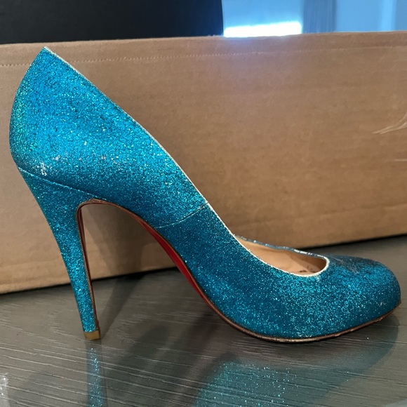 Christian Louboutin Ron Ron 100 Glitter Mini, Size 37.5, Glitter Blue - Picture 2 of 10